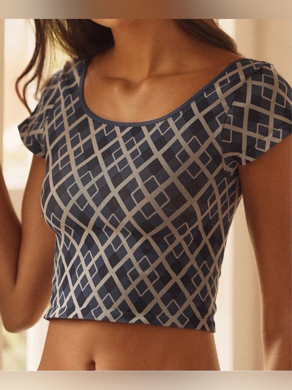 Anthropologie Blue Geometric Crop Top - Women's Short Sleeve